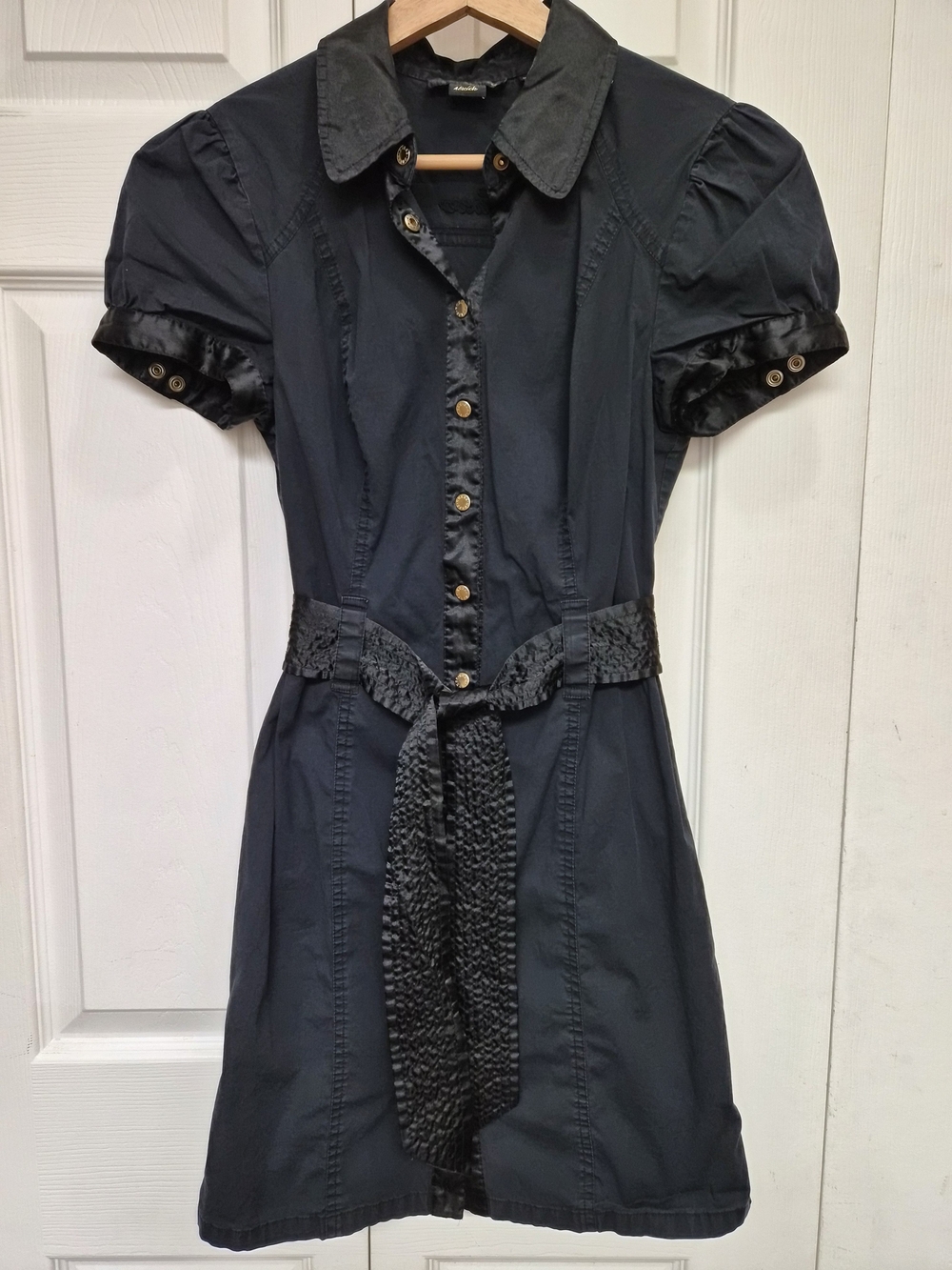 Stretchy Guess Black Satin Feel Trim Shirt Dress Satin Feel Belt Gold Buttons